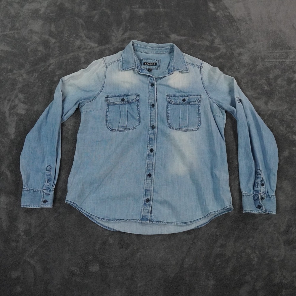VTG Express Shirt Womens Medium Blue Denim Roll Sleeve Pleat Pockets Cotton